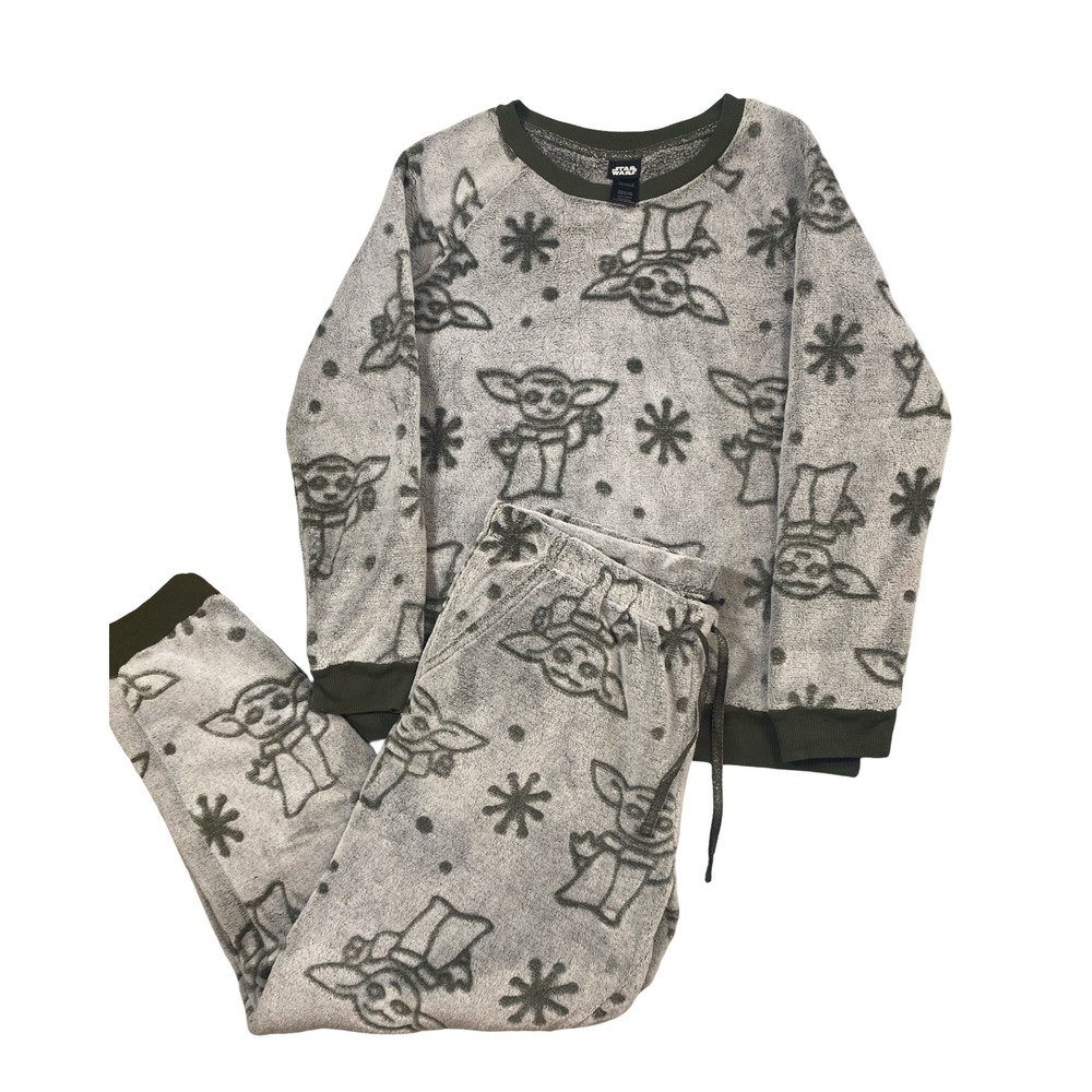 Star Wars The Mandalorian Grogu Fleece Pajama Set Grey Olive Green Large L Cozy
